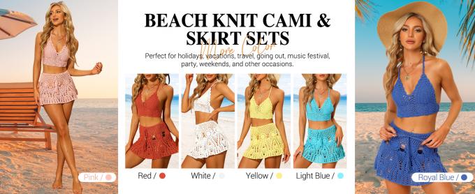 Bikini Set Hollow Out Cami Top Mini Skirt Summer Beach Crochet Knit Sets Swimwear Cover Up Fashion Beach Hand Crochet Shawl Capelet Skirt Knitted Texture