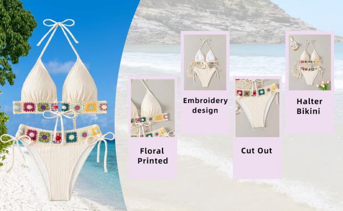 Women'S Floral Embroidery Halter Padded Bikini Set Cut Out Boho Bathing Suit Swimsuit Women's Summer 2 Piece Swimsuit Bikini Beach Swimwear Cover Up Set