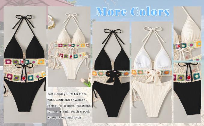 Women'S Floral Embroidery Halter Padded Bikini Set Cut Out Boho Bathing Suit Swimsuit Women's Summer 2 Piece Swimsuit Bikini Beach Swimwear Cover Up Set