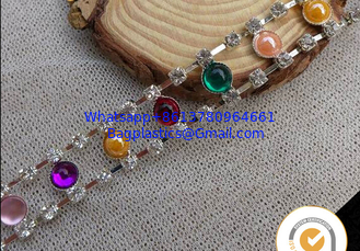 China Decorative colourful beautiful rhinestones chain brass cup cahin for garment, pearl and rhinestone trimmings wholesale supplier