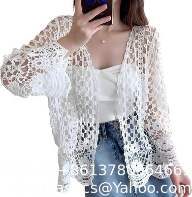 China Long Sleeve Cardigan Hollow Out Women Crochet Cardigan Lightweight Tie Front Hollow Out Long Sleeves Summer Knit Cover Cardigans Open Front Scalloped Mesh Beach Shrug Coat Beige supplier