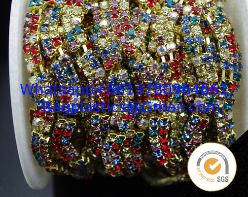 Decorative colourful beautiful rhinestones chain brass cup cahin for garment, pearl and rhinestone trimmings wholesale supplier