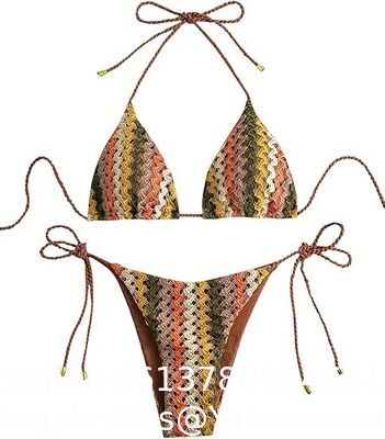 Triangle Bikini for Women Knitted Rope Halter Bikini Sets Bathing Suit Side Tie Swimsuits Beachwear Crochet Swimsuit Beach Overskirt Swimsuit Cover Ups Hand Crochet Shawl supplier