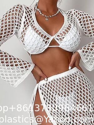 Women Mini Beach Dresses Trendy Knit Hollow Out Crochet Cover Up Halter Backless Sundress Tie Up Boho Swimsuit Women's Hollow Out Crochet Crop Cover up Top and Tie Side Skirt Beach Bikini Cover Up supplier