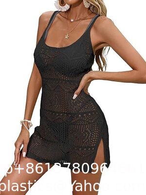 Womens Crochet Knit Spaghetti Strap Beach Coverup Mini Dress Summer Scoop Neck Slit Bathing Suit Cover Up Swimwear Cover Up Fashion Beach Hand Crochet Shawl Capelet supplier