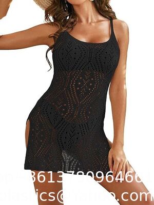 Womens Crochet Knit Spaghetti Strap Beach Coverup Mini Dress Summer Scoop Neck Slit Bathing Suit Cover Up Swimwear Cover Up Fashion Beach Hand Crochet Shawl Capelet supplier