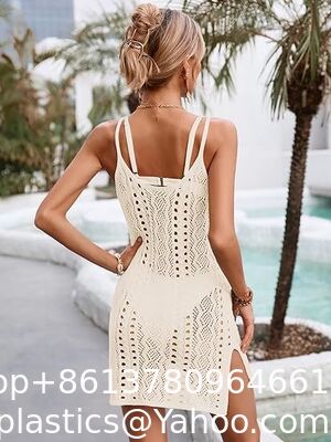 Womens Crochet Knit Spaghetti Strap Beach Coverup Mini Dress Summer Scoop Neck Slit Bathing Suit Cover Up Swimwear Cover Up Fashion Beach Hand Crochet Shawl Capelet supplier