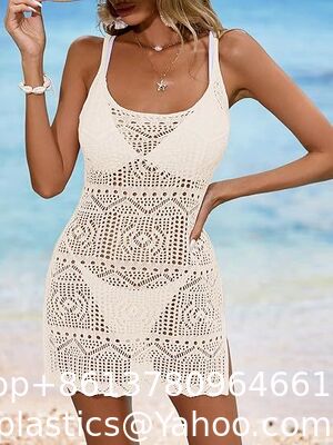 Womens Crochet Knit Spaghetti Strap Beach Coverup Mini Dress Summer Scoop Neck Slit Bathing Suit Cover Up Swimwear Cover Up Fashion Beach Hand Crochet Shawl Capelet supplier