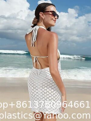 Womens Sexy Bikini Cover Up V-Neck Swimsuit Knit Crochet Hollow Out Beach Dress Women's Fringe Trim Crochet Bikini Cover Ups V Neck Sleeveless Beach Dresses supplier