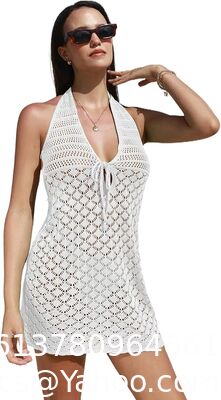 Womens Sexy Bikini Cover Up V-Neck Swimsuit Knit Crochet Hollow Out Beach Dress Women's Fringe Trim Crochet Bikini Cover Ups V Neck Sleeveless Beach Dresses supplier