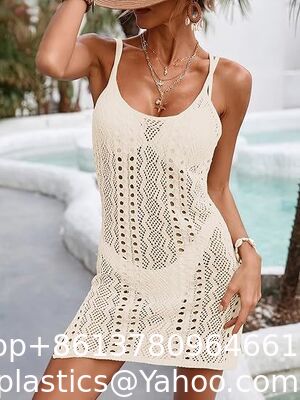 Womens Sexy Bikini Cover Up V-Neck Swimsuit Knit Crochet Hollow Out Beach Dress Women's Fringe Trim Crochet Bikini Cover Ups V Neck Sleeveless Beach Dresses supplier