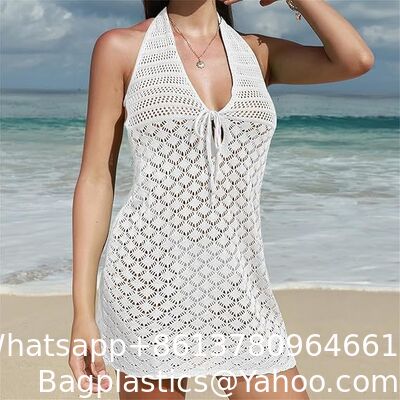 Womens Sexy Bikini Cover Up V-Neck Swimsuit Knit Crochet Hollow Out Beach Dress Women's Fringe Trim Crochet Bikini Cover Ups V Neck Sleeveless Beach Dresses supplier