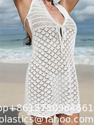 Womens Sexy Bikini Cover Up V-Neck Swimsuit Knit Crochet Hollow Out Beach Dress Women's Fringe Trim Crochet Bikini Cover Ups V Neck Sleeveless Beach Dresses supplier