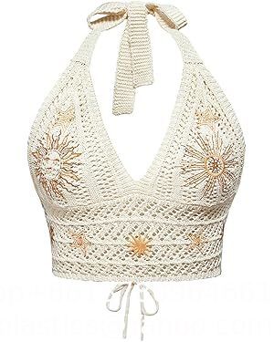 Women'S Plus Size Crochet Halter Crop Top Lace Up Backless Embroidered Hippie Boho Tank Crochet Swimsuit Beach Overskirt Swimsuit Cover Ups supplier