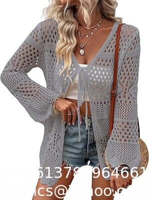 Long Sleeve Cardigan Hollow Out Women Crochet Cardigan Lightweight Tie Front Hollow Out Long Sleeves Summer Knit Cover Cardigans Open Front Scalloped Mesh Beach Shrug Coat Beige supplier