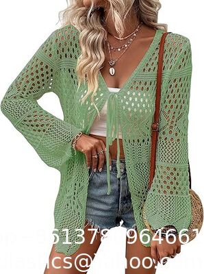 Long Sleeve Cardigan Hollow Out Women Crochet Cardigan Lightweight Tie Front Hollow Out Long Sleeves Summer Knit Cover Cardigans Open Front Scalloped Mesh Beach Shrug Coat Beige supplier