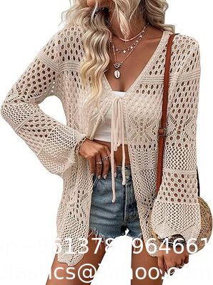 Long Sleeve Cardigan Hollow Out Women Crochet Cardigan Lightweight Tie Front Hollow Out Long Sleeves Summer Knit Cover Cardigans Open Front Scalloped Mesh Beach Shrug Coat Beige supplier