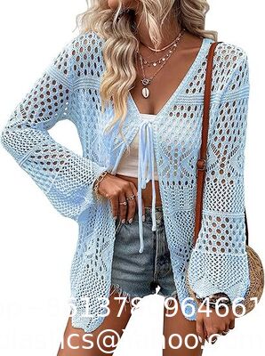 Long Sleeve Cardigan Hollow Out Women Crochet Cardigan Lightweight Tie Front Hollow Out Long Sleeves Summer Knit Cover Cardigans Open Front Scalloped Mesh Beach Shrug Coat Beige supplier