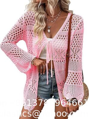 Long Sleeve Cardigan Hollow Out Women Crochet Cardigan Lightweight Tie Front Hollow Out Long Sleeves Summer Knit Cover Cardigans Open Front Scalloped Mesh Beach Shrug Coat Beige supplier