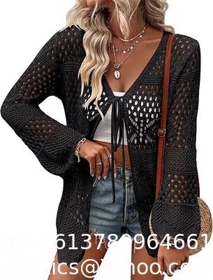 Womens Crochet Cardigan Sweater Kimonos Boho Solid Color Oversized Fall Open Front Outwear Crochet Cardigan Tie Front Hollow Out Long Sleeves Summer Knit Cover Cardigans supplier
