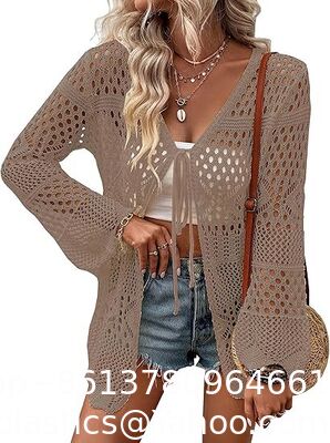 Womens Crochet Cardigan Sweater Kimonos Boho Solid Color Oversized Fall Open Front Outwear Crochet Cardigan Tie Front Hollow Out Long Sleeves Summer Knit Cover Cardigans supplier